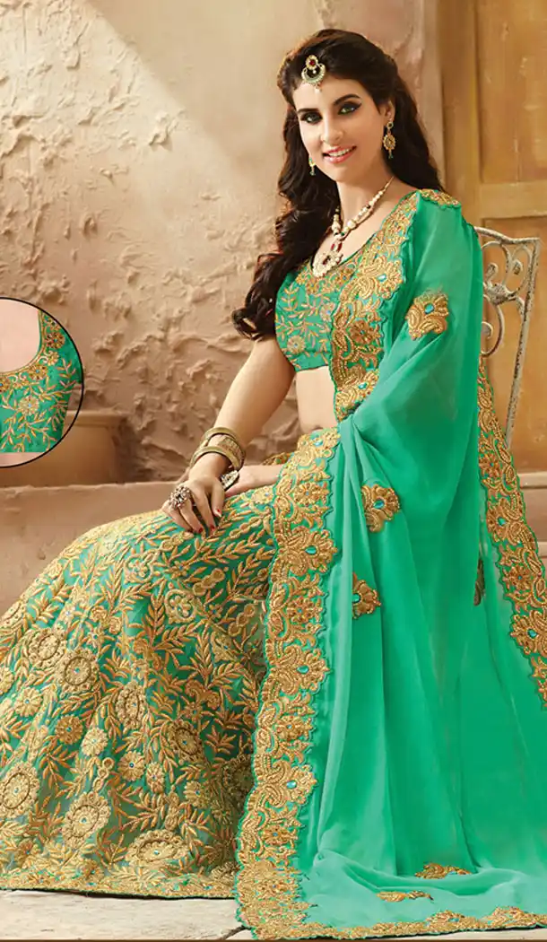 Emerald Color Net,Viscose Satin Designers Wedding Bridal Sarees with Stitched Blouse | FH418967134