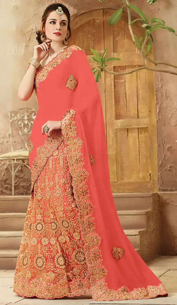 Coral Color Net,Viscose Satin Designers Wedding Bridal Sarees with Stitched Blouse | FH418967135