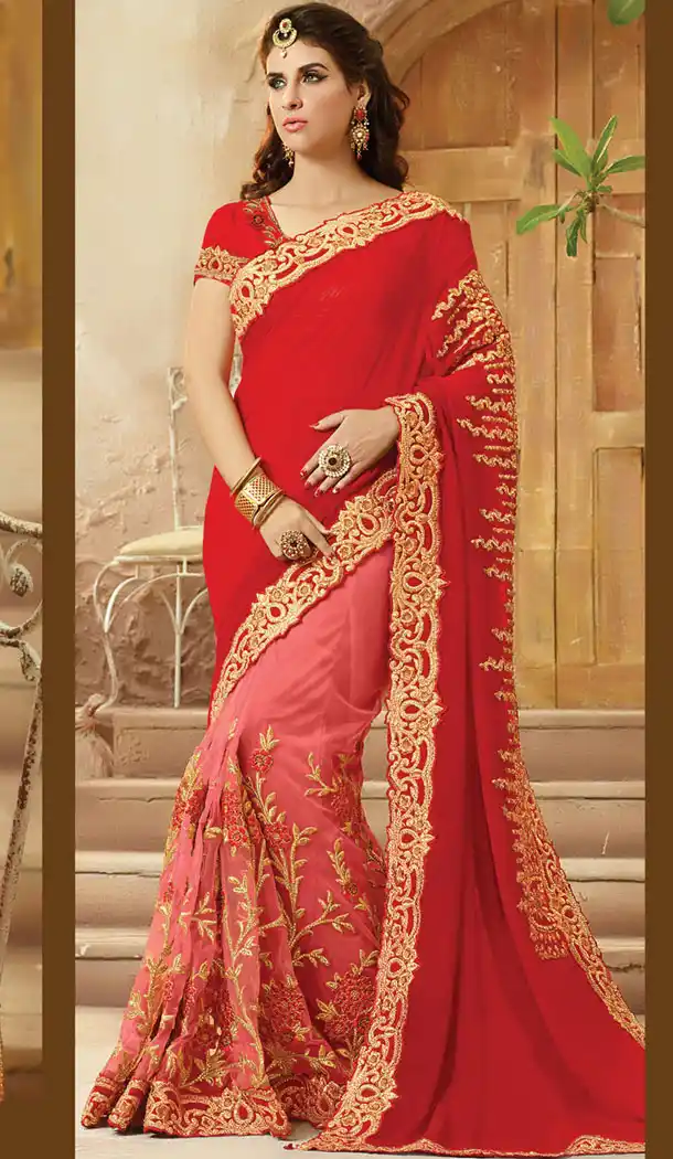 Deep Scarlet Net,Viscose Satin Designers Wedding Bridal Sarees with Stitched Blouse | FH418967136