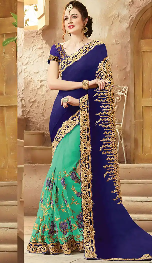 Royal Blue Net,Viscose Satin Designers Wedding Bridal Sarees with Stitched Blouse | FH418967137