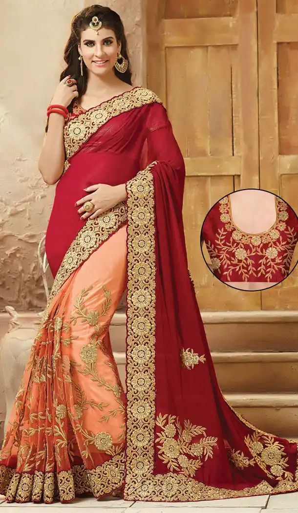 Peach Puff Net,Viscose Satin Designers Wedding Bridal Sarees with Stitched Blouse | FH418967138