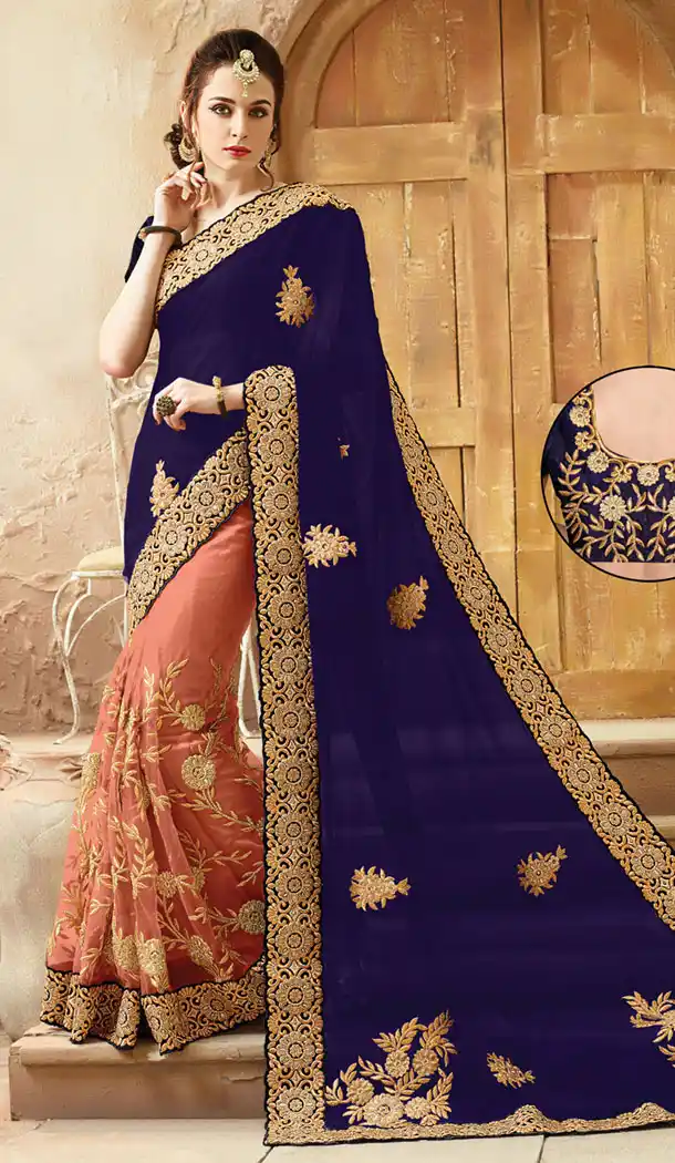 Royal Blue Net,Viscose Satin Designers Wedding Bridal Sarees with Stitched Blouse | FH418967139