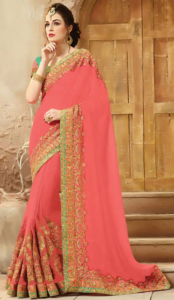 Coral Net,Viscose Satin Designers Wedding Bridal Sarees with Stitched Blouse | FH418967141