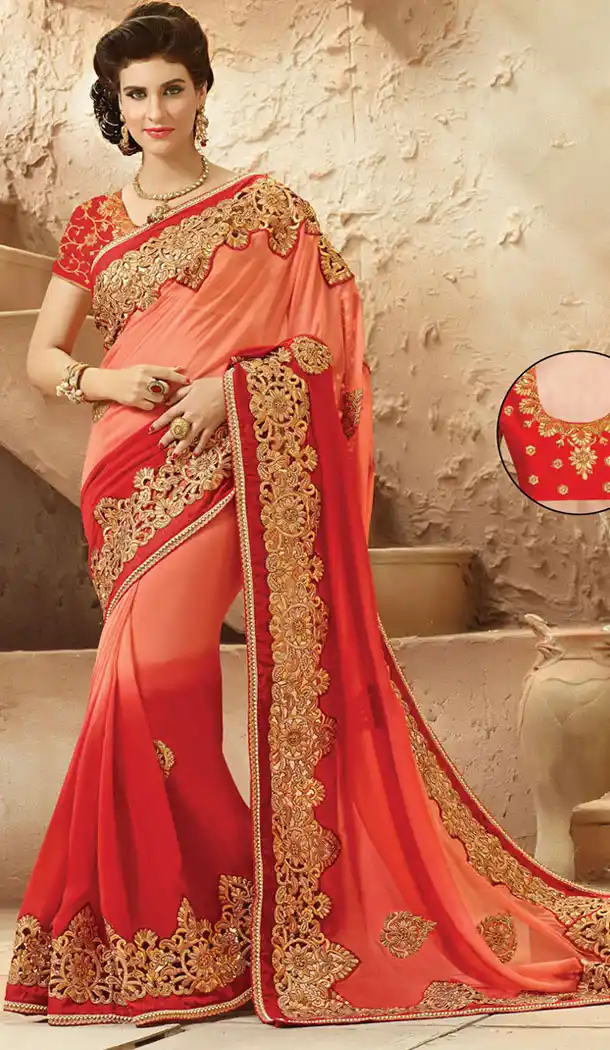 Deep Scarlet Color Viscose Satin Designers Wedding Bridal Sarees with Stitched Blouse | FH418967142