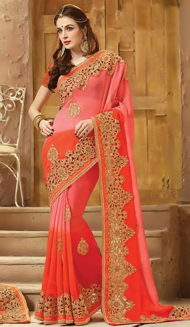 Orange Color Viscose Satin Designers Wedding Bridal Sarees with Stitched Blouse | FH418967143