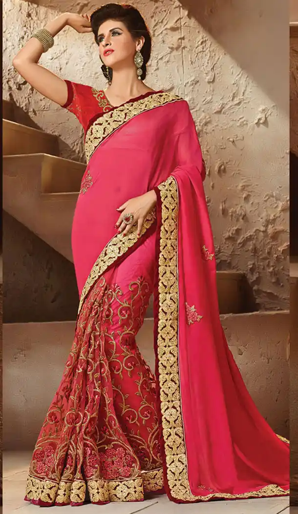 Deep Pink Color Net,Silk Designers Wedding Bridal Sarees with Stitched Blouse | FH418967144