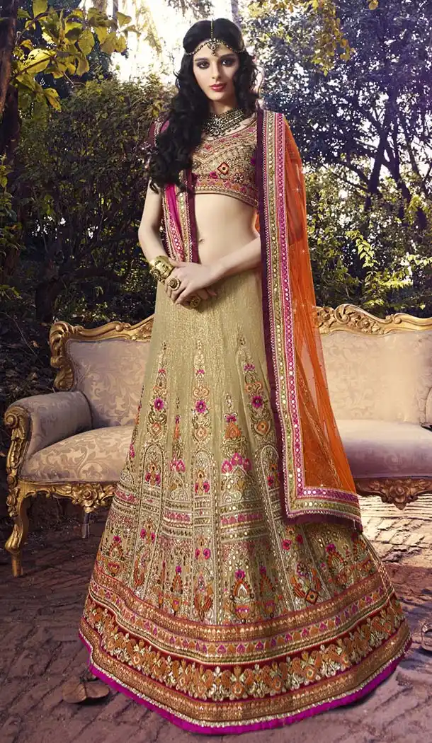 Tan Brown Color Shimmer,Jute Bridal Wedding Lehengas | FH420267235