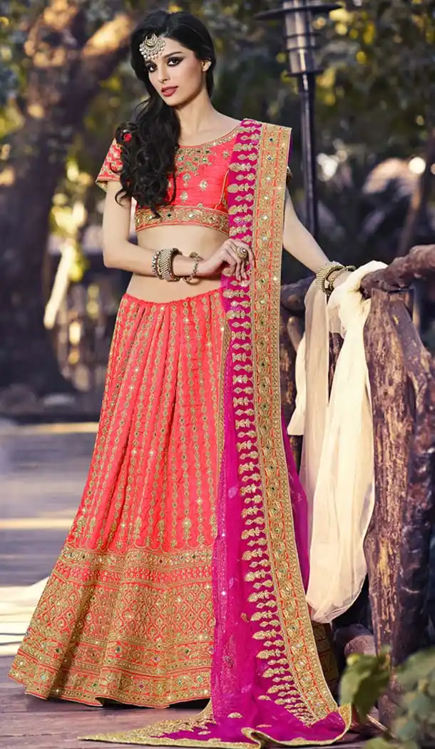 Tomato Color Art Silk Bridal Wedding Lehengas | FH420267238