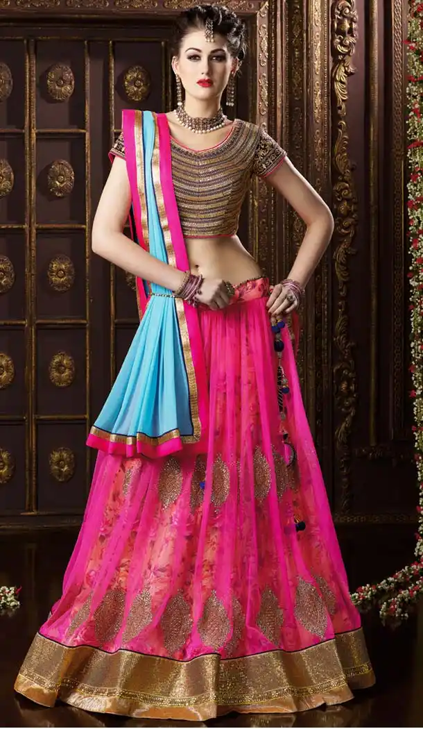 Women's Pretty Circular Lehenga Style in Deep Pink With Lace Work Dupatta | FH420467255