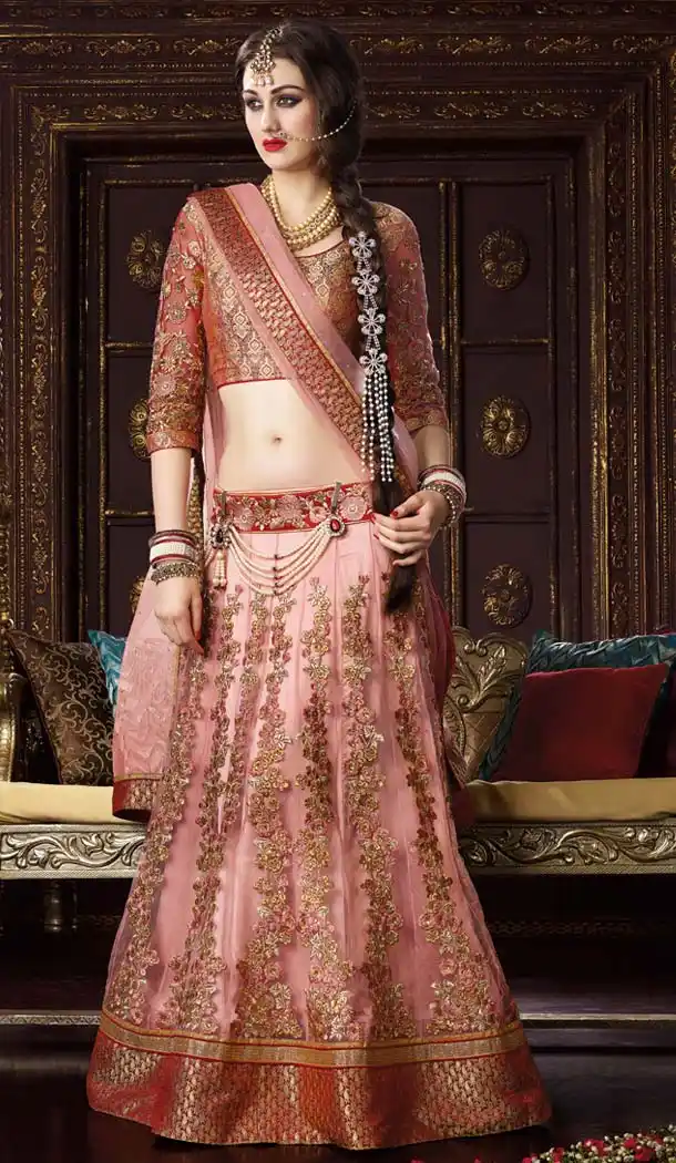 Women's Pretty Circular Lehenga Style in Mistyrose With Lace Work Dupatta | FH420467260