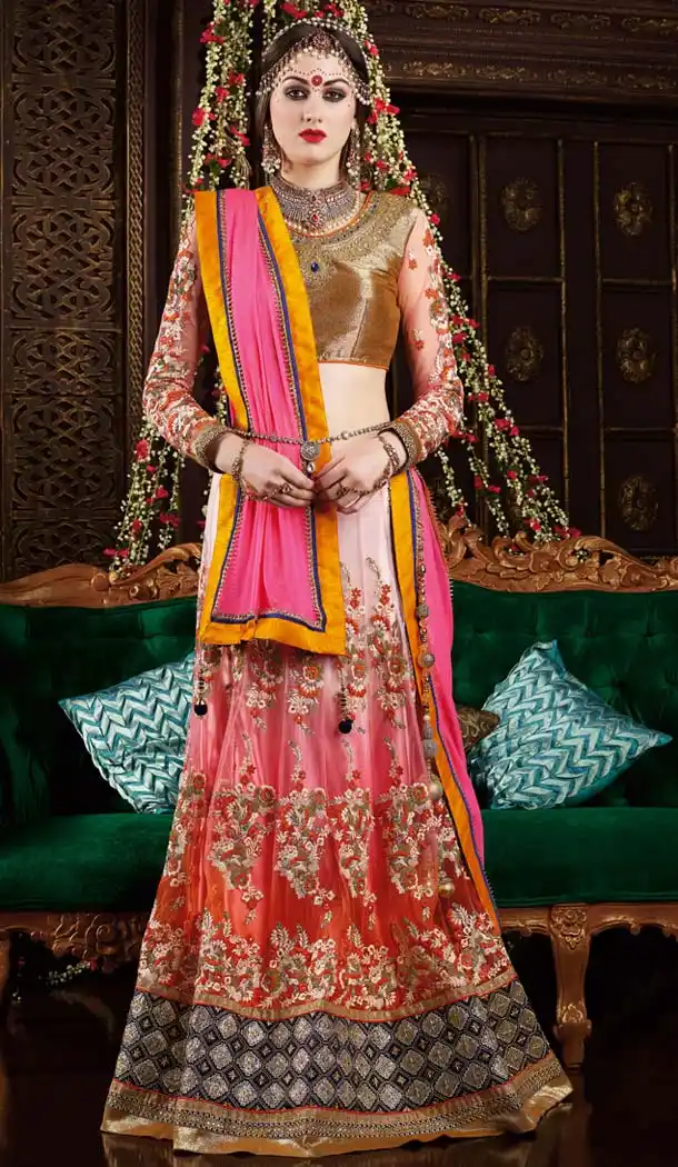 Women's Net Fabric & Orange Pretty A Line Lehenga Style With Lace Work Dupatta | FH420467264