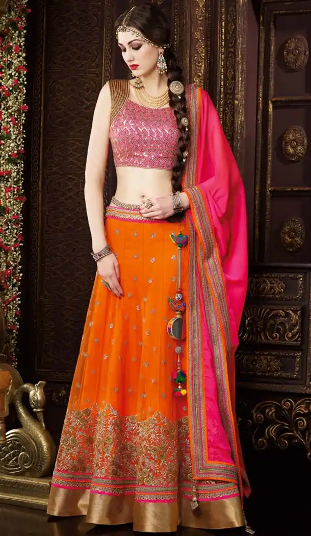 Women's Net Fabric Orange Pretty Lehenga Choli With Lace Work Dupatta | FH420467265