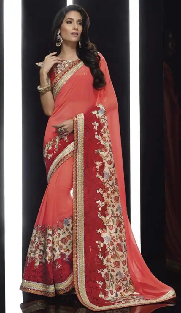 Embroidered Pallu Saree in Coral | FH420567279