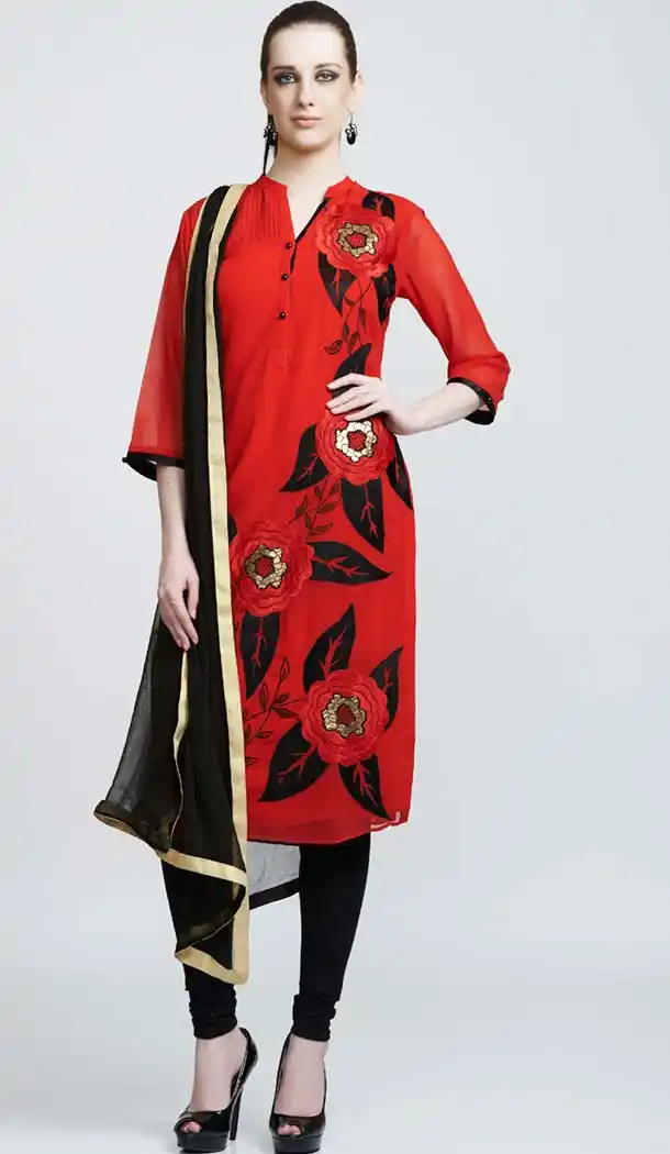Deep Scarlet Color Georgette Readymade Churidar Salwar Suit | FH420667283