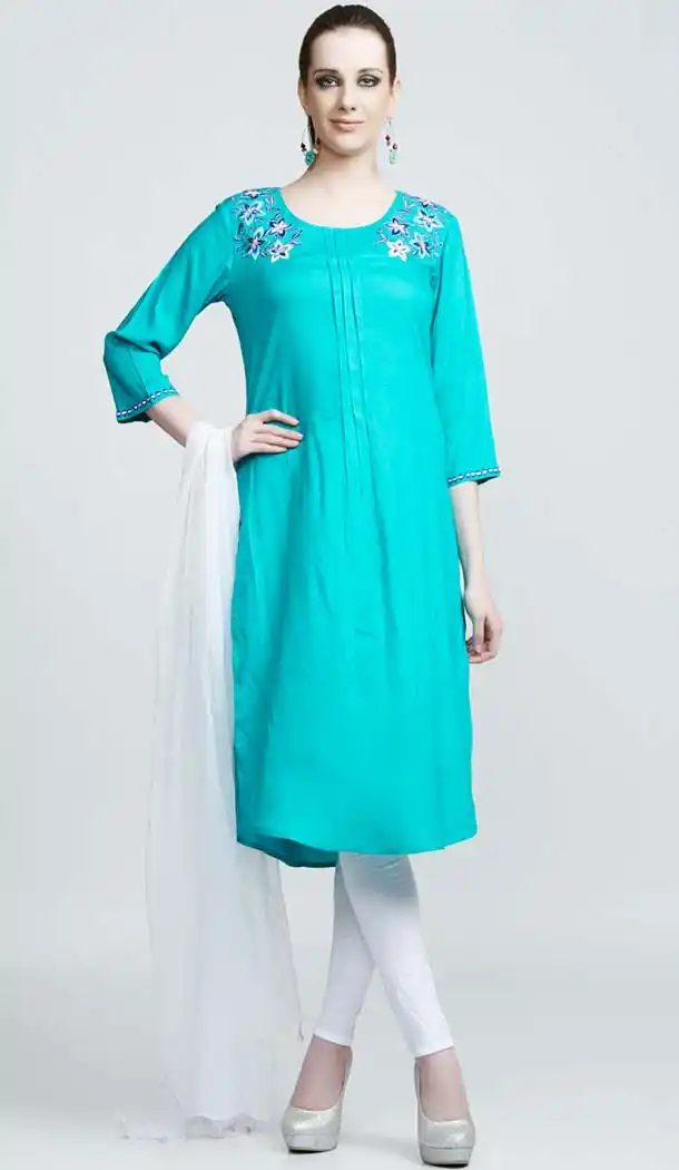Light Turquoise Color Cotton Readymade Churidar Salwar Suit | FH420667289