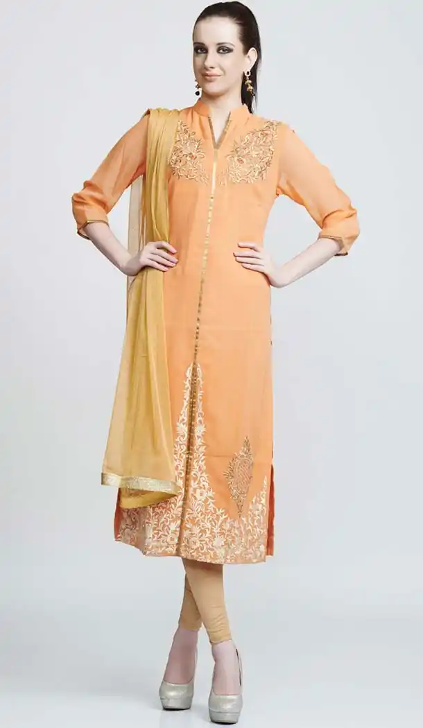 Peach Puff Color Georgette Readymade Churidar Salwar Suit | FH420767299