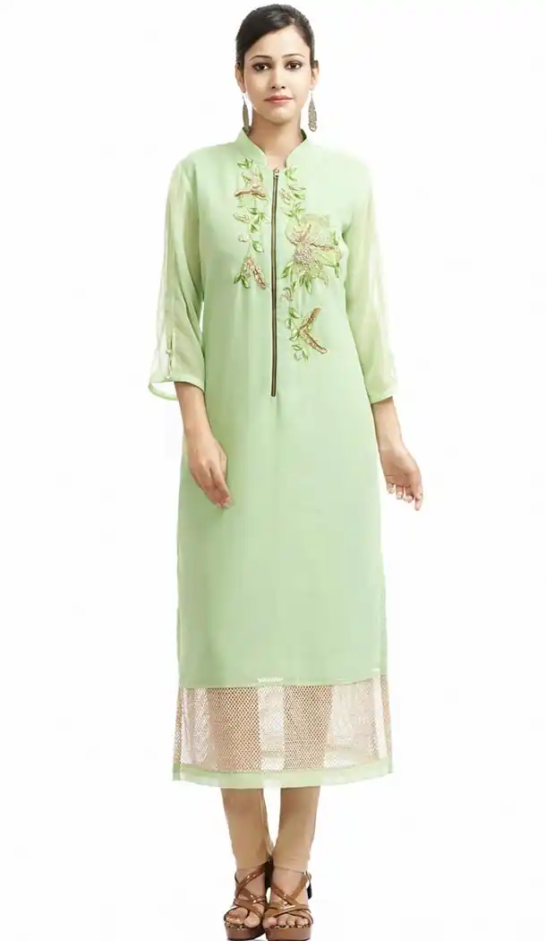 Green Color with Resham Work Incredible Readymade Kurti | FH420867304