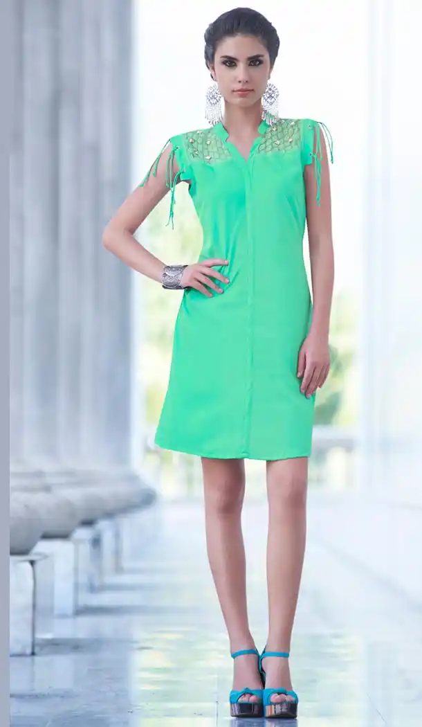 Turquoise Color with Plain Work Work Incredible Readymade Kurti | FH421267362