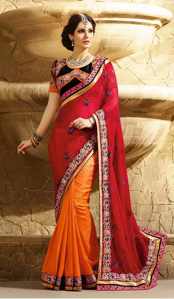 Georgette Crimson Color Party Wear Sarees with Blouse | FH422667509
