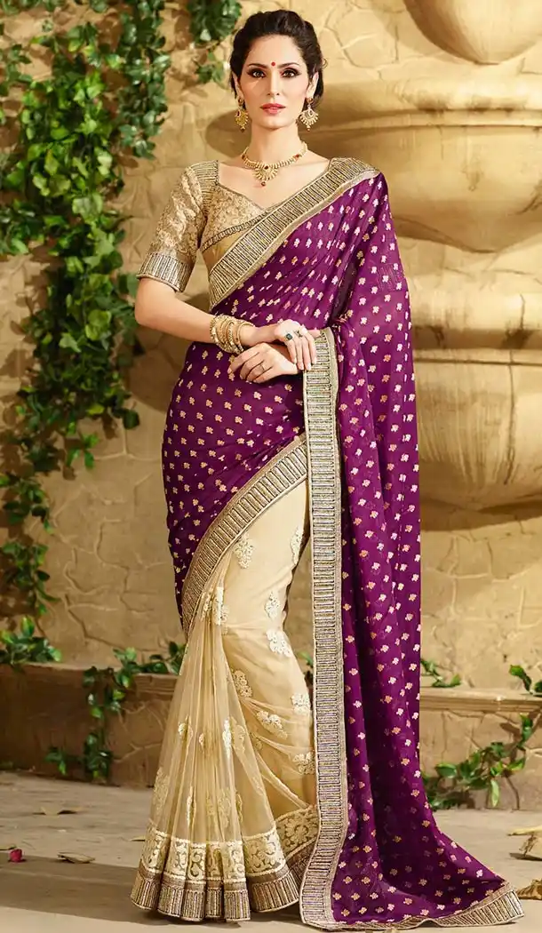 Jacquard Beige Color Party Wear Sarees with Blouse | FH422667516