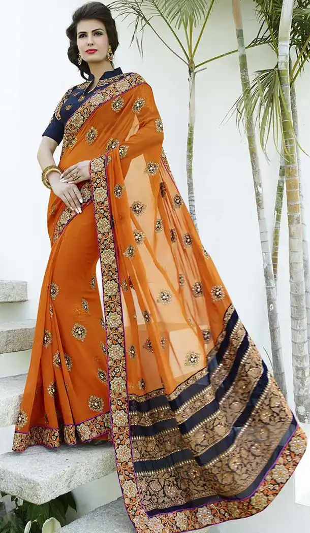 Chiffon Orange Color Designer Wear Sarees with Blouse | FH422967540