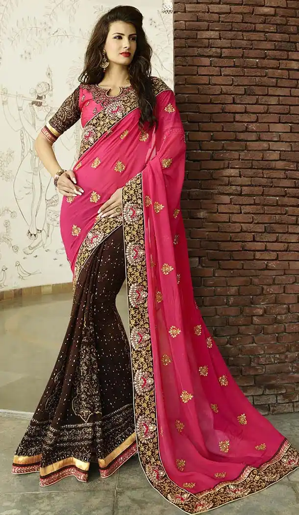 Chiffon Deep Pink Color Designer Wear Sarees with Blouse | FH422967546