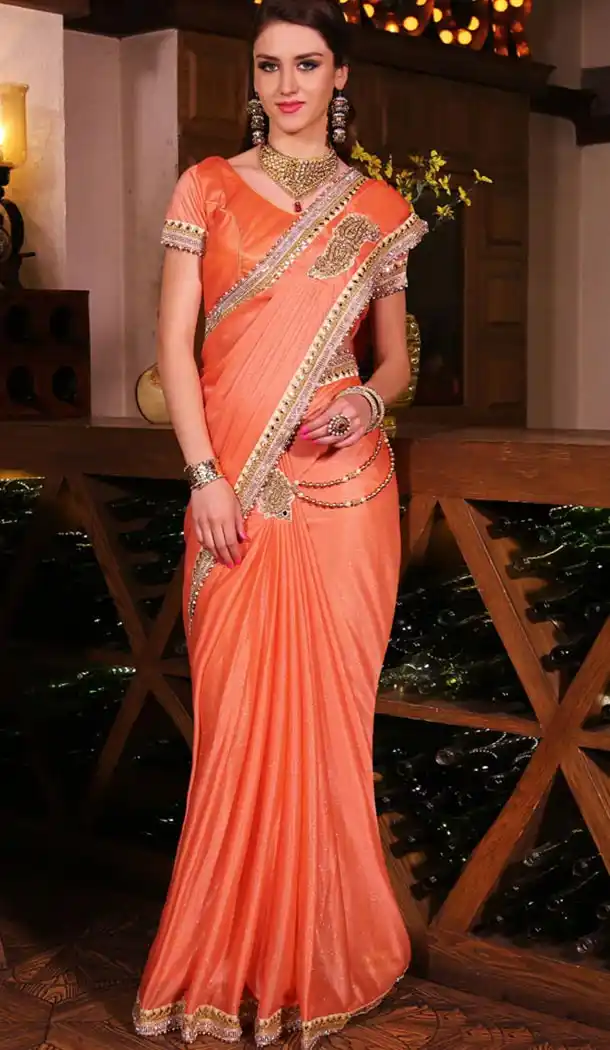 Lycra Orange Color Designer Wear Sarees with Blouse | FH423067549