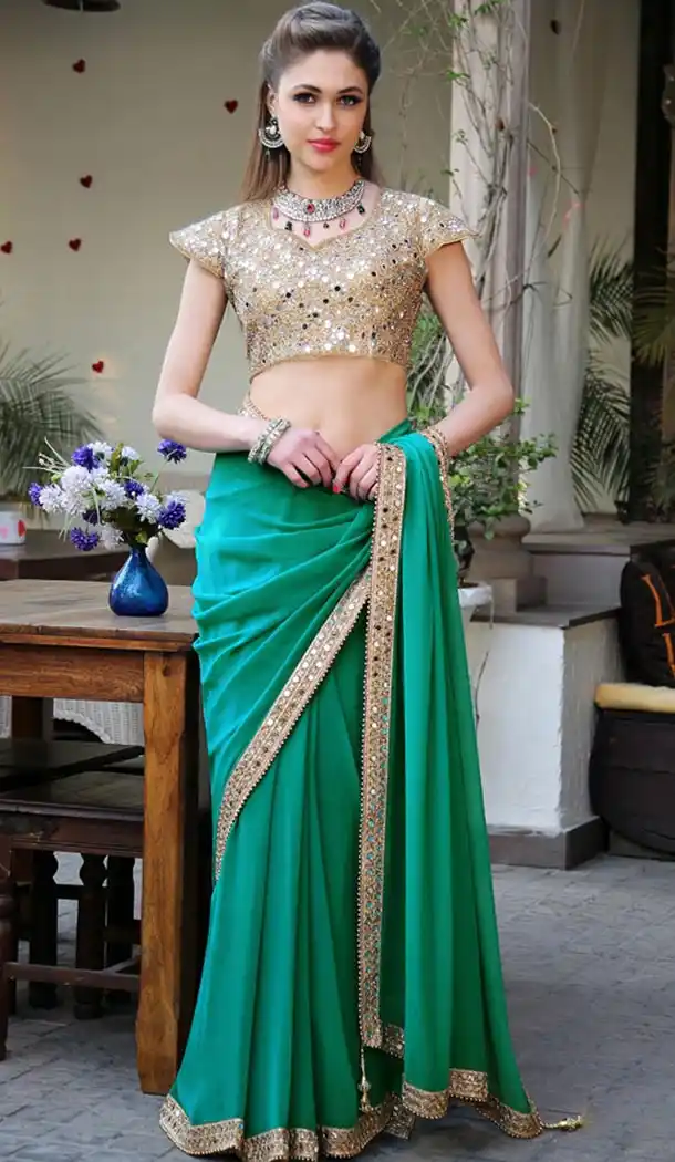 Georgette Emerald Color Designer Wear Sarees with Blouse | FH423267559