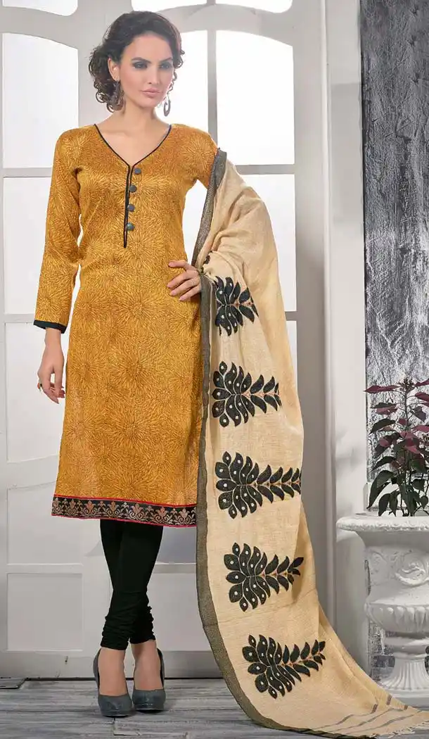 Sandy Brown Bhagalpuri Silk Churidar Kameez with Stitching Online Shopping | FH423367569