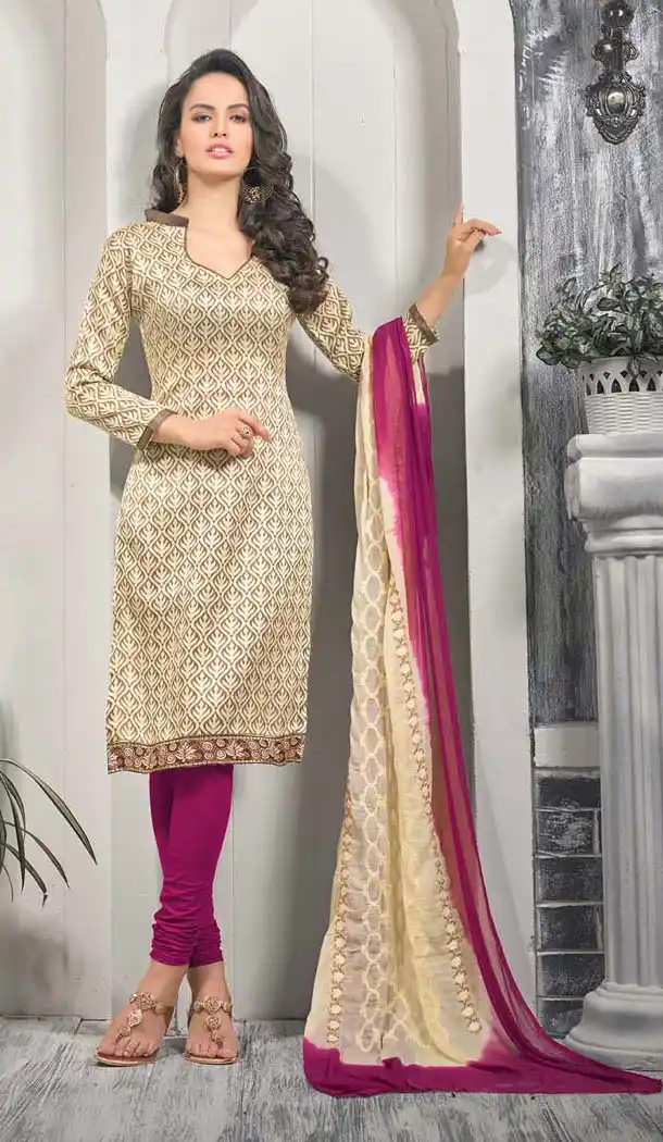 Cream Bhagalpuri Silk Churidar Kameez with Stitching Online Shopping | FH423367570