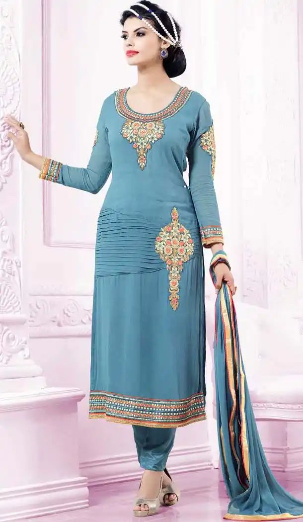Cyan Blue Georgette Narrow Pants Kameez with Stitching Online Shopping | FH423467584