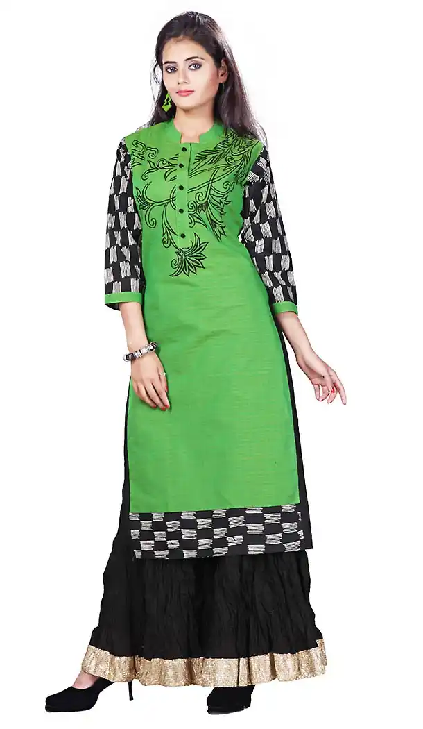 Green Color with Lace & Embroidery Work Incredible Readymade Kurti | FH423967673