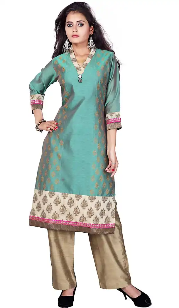 Turquoise Color Kora Silk Fabric Latest Readymade Kurtis Online | FH424067694
