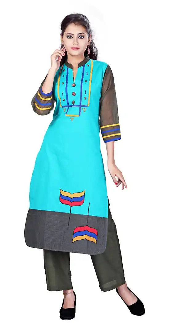Sky Blue Color Cotton Fabric Latest Readymade Kurtis Online | FH424167716