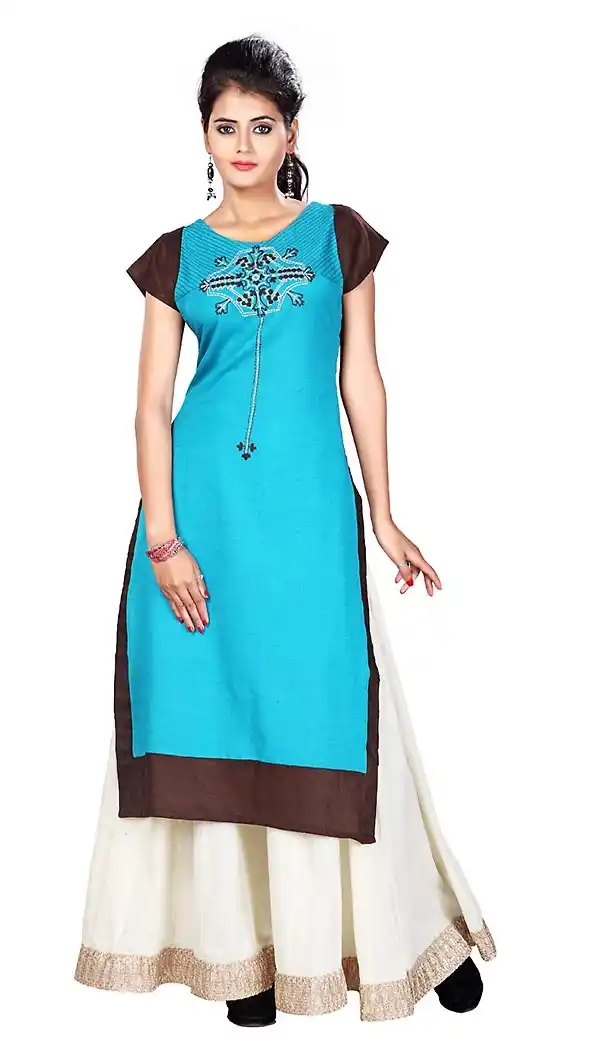 Sky Blue Color Cotton Fabric Latest Readymade Kurtis Online | FH424167719