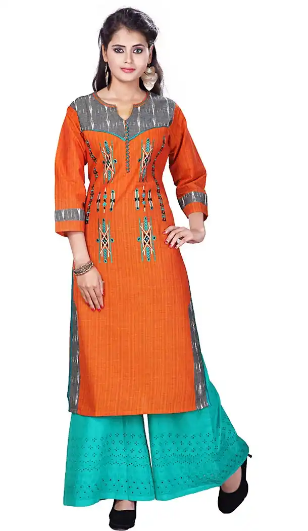 Orange Color Cotton Fabric Latest Readymade Kurtis Online | FH424267726