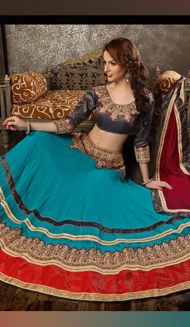 Teal Blue Color Georgette Circular Style Lehenga Choli | FH424467622