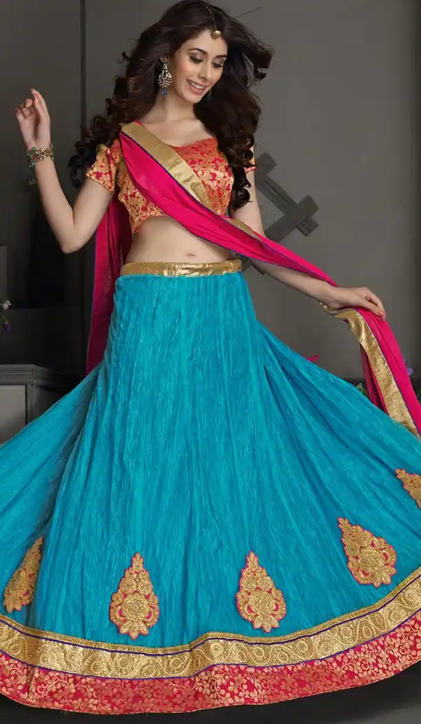 Women Aqua Blue Color Gota Silk Party Wear Lehenga Cholis | FH424567641