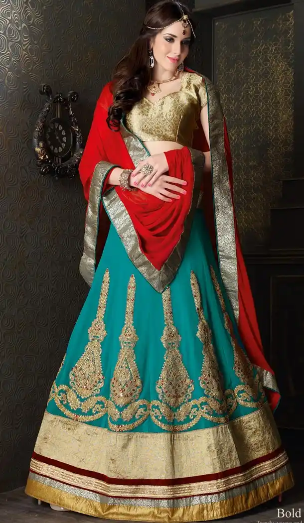 Teal Blue Color Georgette Circular Style Lehenga Choli | FH424767654