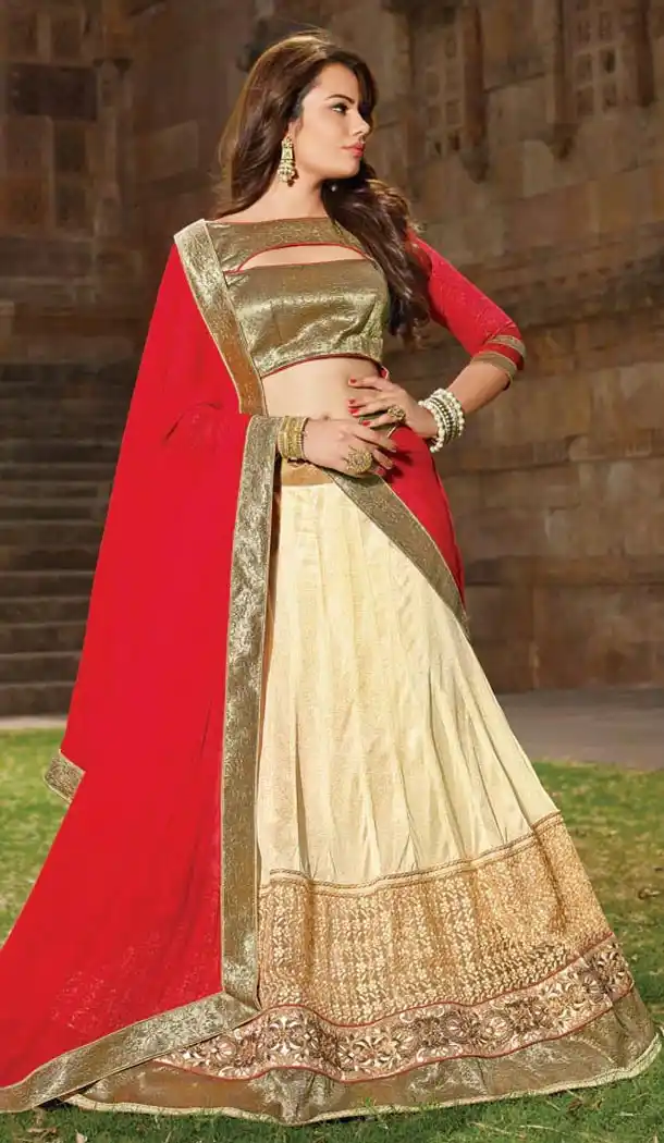 Cream Color Lycra Circular Style Lehenga Choli | FH424867665