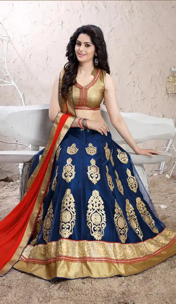Navy Blue Color Net Circular Lehenga Choli with Dupatta | FH424967859