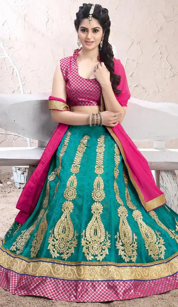 Teal Blue Color Net Circular Lehenga Choli with Dupatta | FH424967863