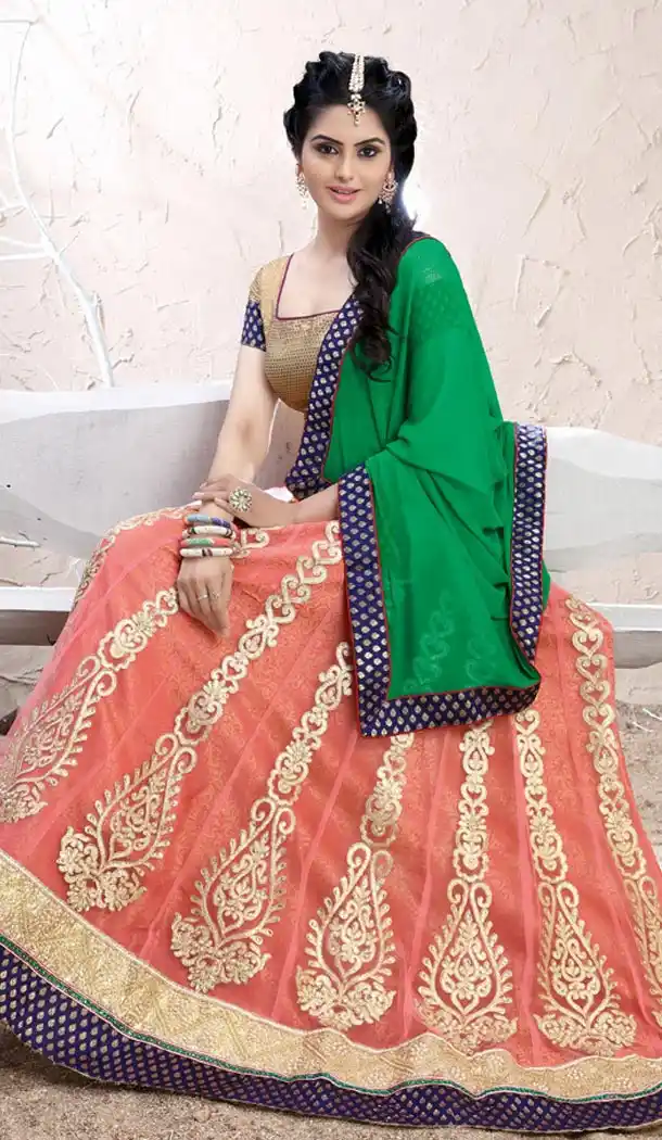 Peach Puff Color Net Circular Lehenga Choli with Dupatta | FH424967865