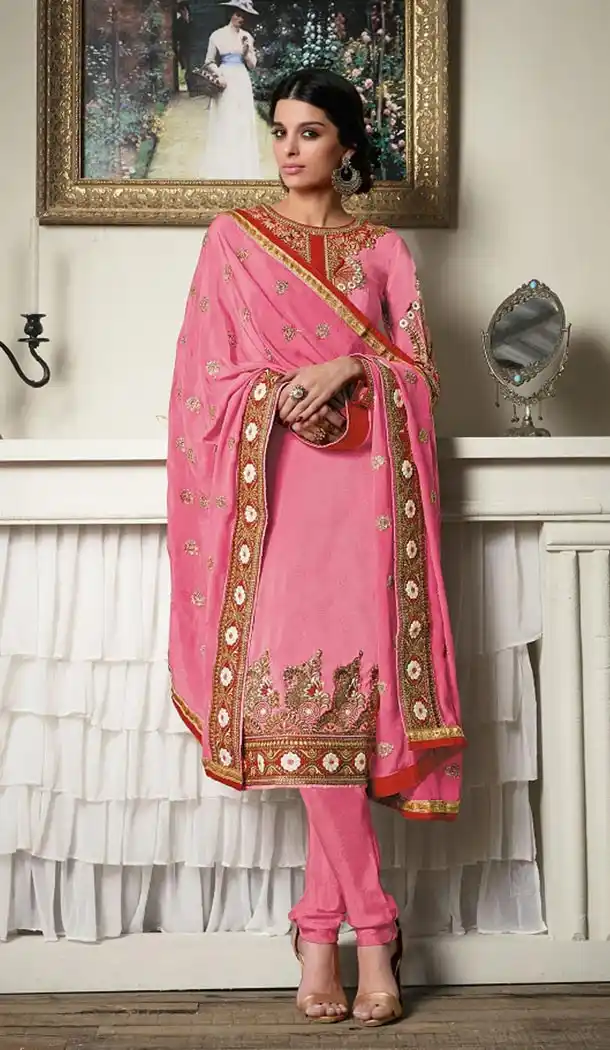 Womens Pink Color Georgette Casual Churidar Kameez Collections | FH425367778