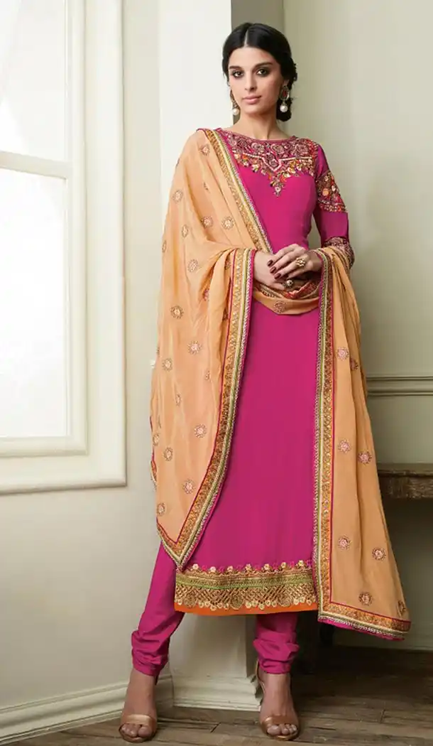 Womens Deep Pink Color Georgette Casual Churidar Kameez Collections | FH425367780