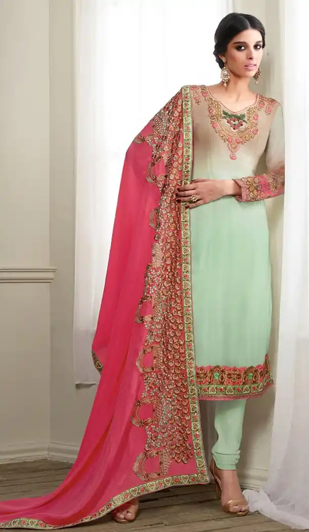 Womens Honeydew Color Georgette Casual Churidar Kameez Collections | FH425367781