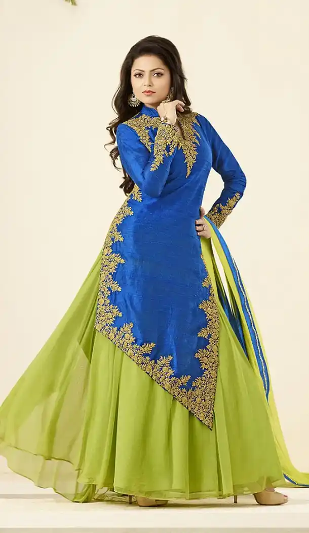 Womens Azure Blue Color Silk Party Wear Kameez Collections | FH425567796