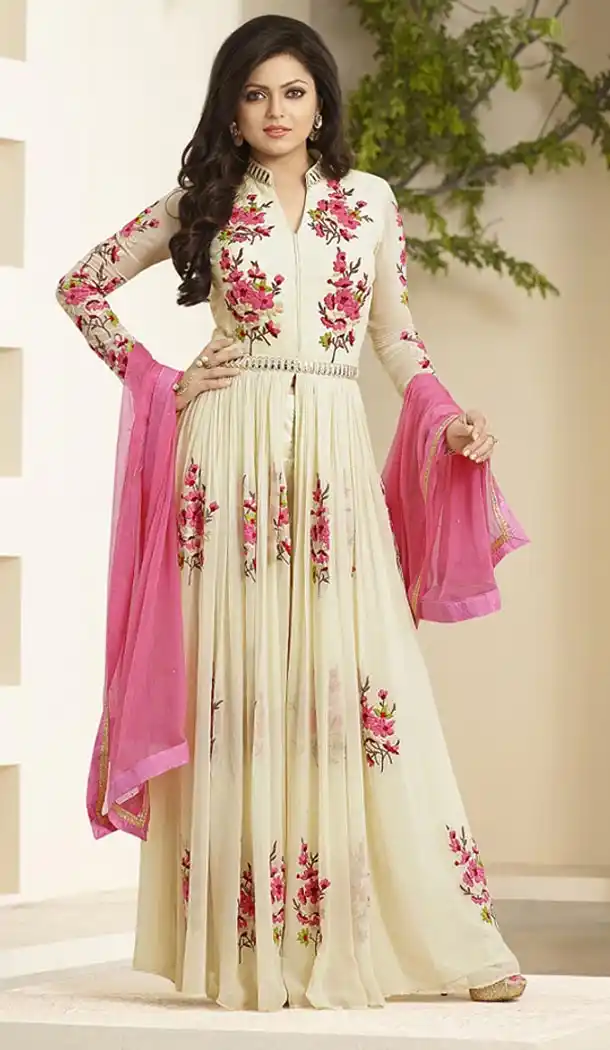 Womens Cream Color Georgette Party Wear Kameez Collections | FH425567798