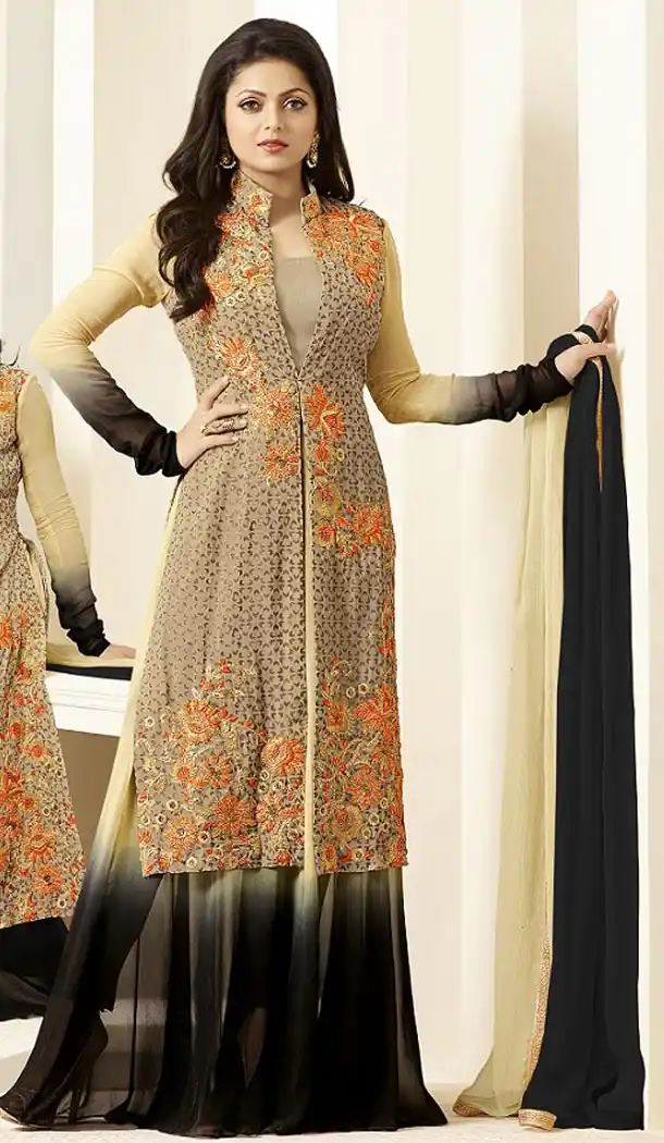 Womens Cream Color Georgette Party Wear Kameez Collections | FH425567804
