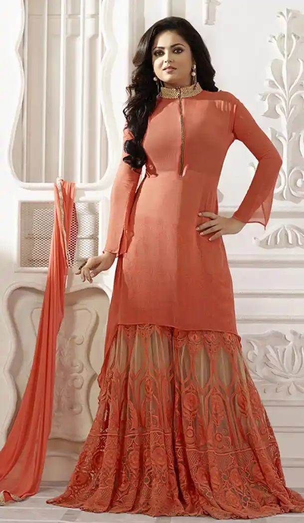 Womens Apricot Color Georgette Party Wear Kameez Collections | FH425567806
